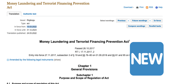 Amendments to Estonian Money Laundering and Terrorist Financing Prevention Act